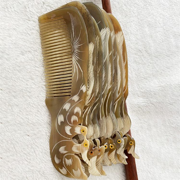 Handgesneden Os Hoorn Kam - Feniks & Mandarijne Eend Patroon, Enkelzijdig Ontwerp voor Lang Haar, Traditioneel Chinese Haaraccessoire