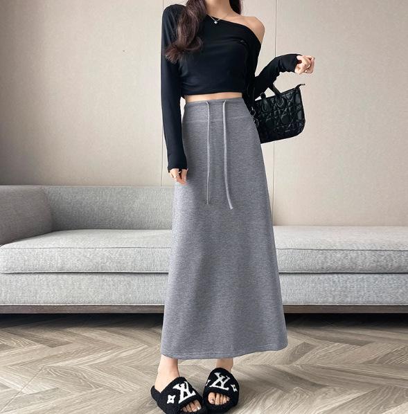 

Solid Color A-Line Drawstring Skirt for Women - High Waist, Hip-Hugging, Mid-Length, Autumn/Winter Style M серый