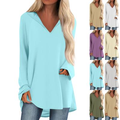 Tops femininos com decote em V, mangas compridas soltas, tops casuais, pijamas para lazer em casa