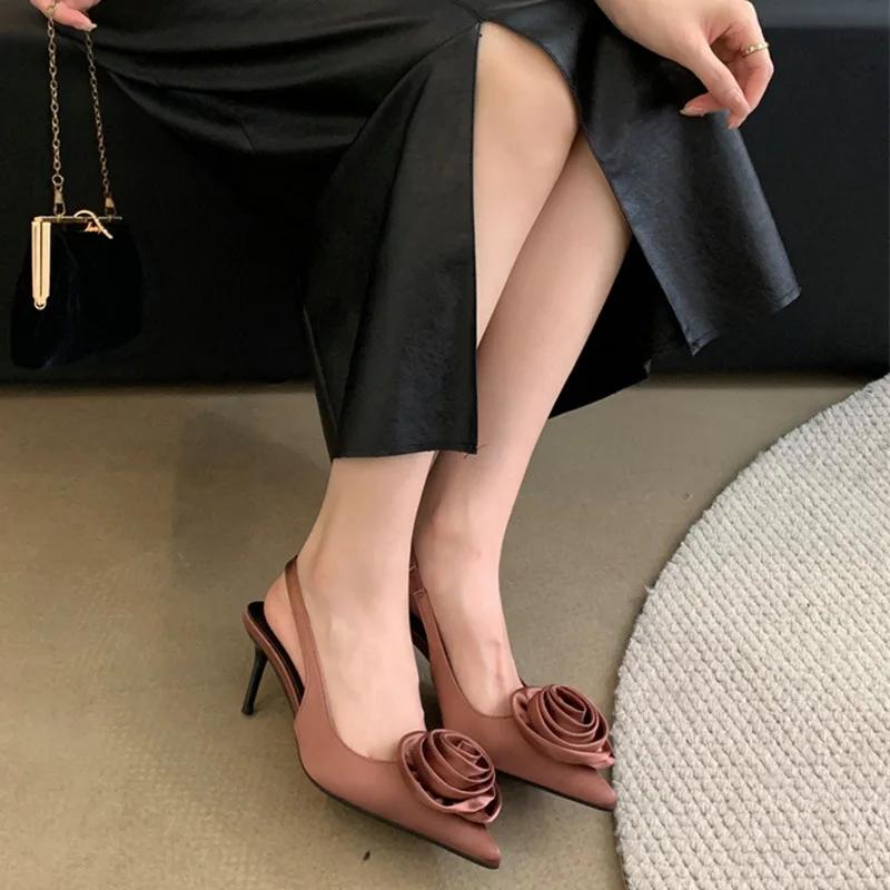 Fashion Sexy Silk Slingback Pointed Toe Women Pumps Fashion Design Flowers Thin Heels Banquet Prom Shoes