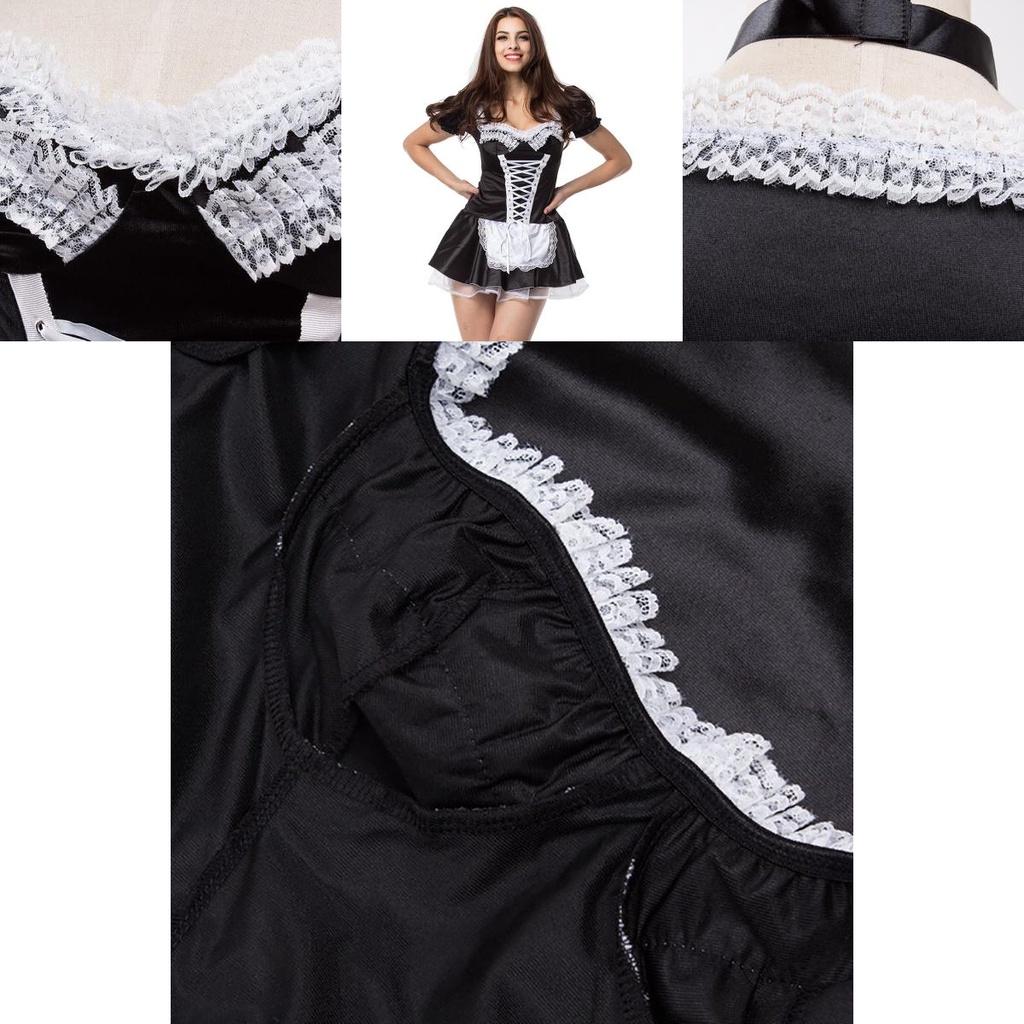 Alluring Short Sleeve Lace Women's Costume French Maid Dress For Halloween Festivities