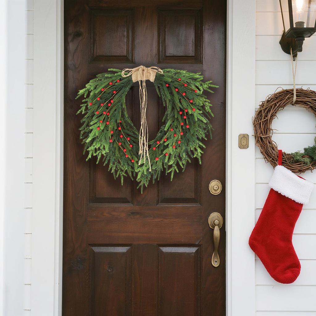 Yunhui Christmas Wreath with Red Berries and Bow – PE Norfolk Pine Greenery