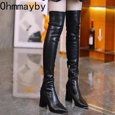 Winter Street Style Thick Heel Women Over-the-Knee Boots Fashion Metal Pointed Toe Stripper Party Stretch Slim Long Booties