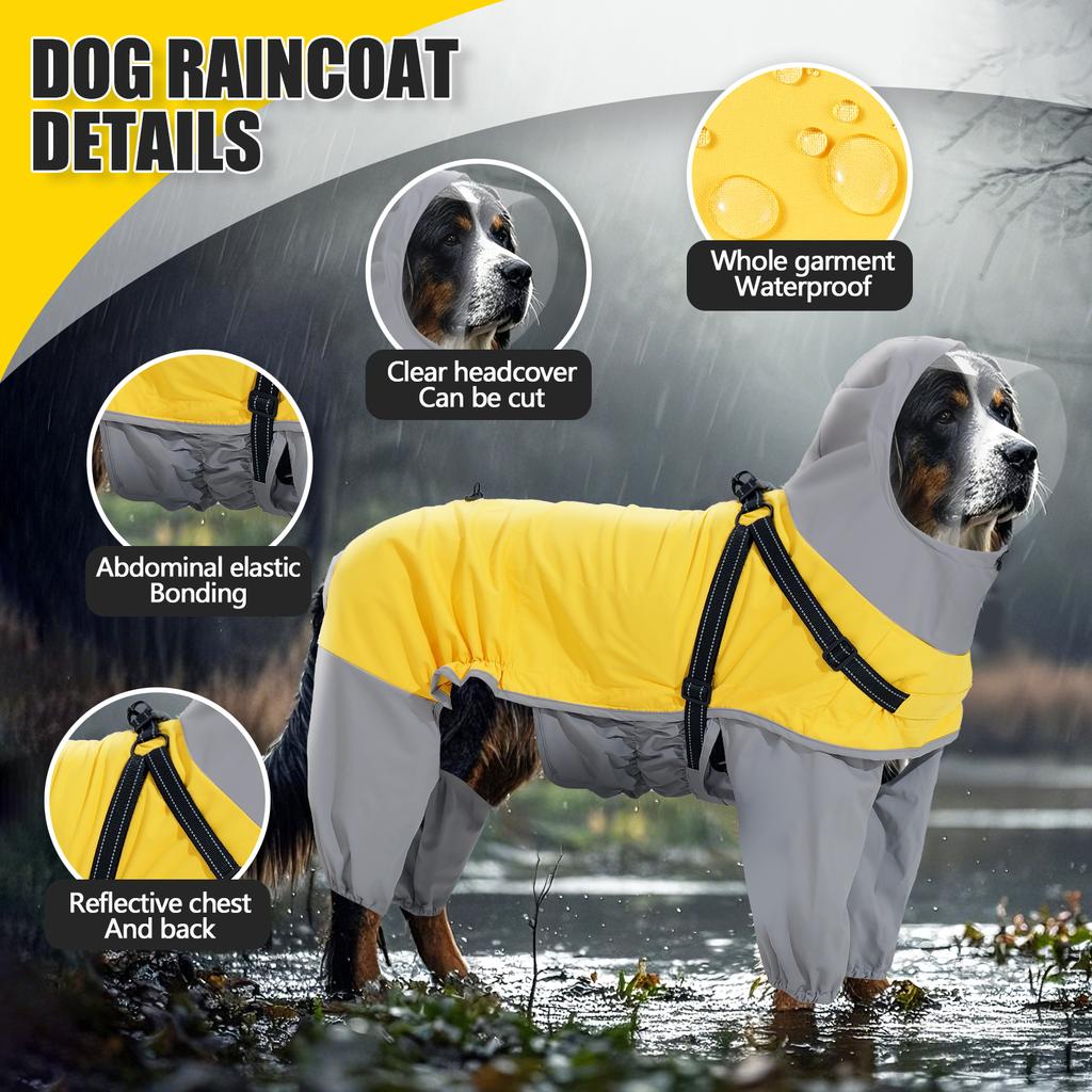 Dog Raincoat, Waterproof Dog Rain Coats for Large Dogs, Lightweight Rain Jacket, Adjustable 1 Legs Pet Poncho with Hood