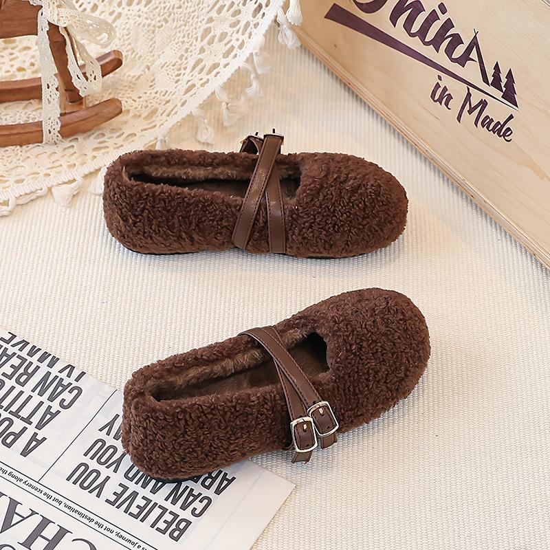 Toddler Girls Strappy Fuzzy Flats New Winter Kids Ballet Flats Soft Sole Non-slip Elegant Retro Girls School Party Shoes