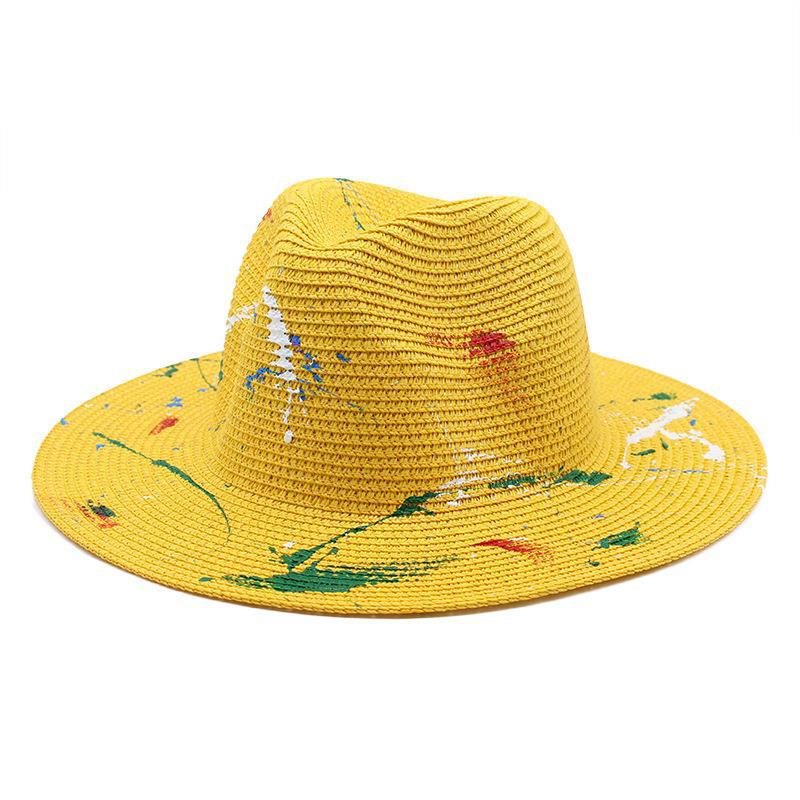Cappello Panama in Paglia Verniciato Graffiti Verde Erba Fedora Jazz Uomo Donna Primavera Estate Cappello da Sole Intrecciato Cappello da Viaggio Elegante da Spiaggia