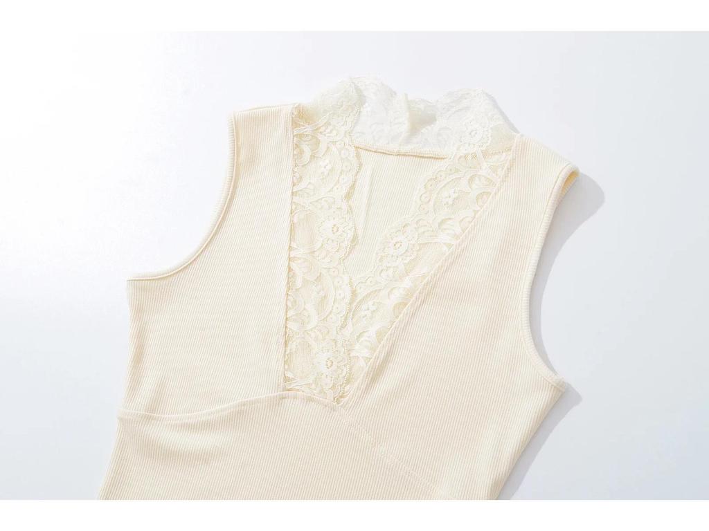 Lace V-Neck Ribbed Cotton Camisole: High-Elastic Slimming Tank for Spring/Summer 2025