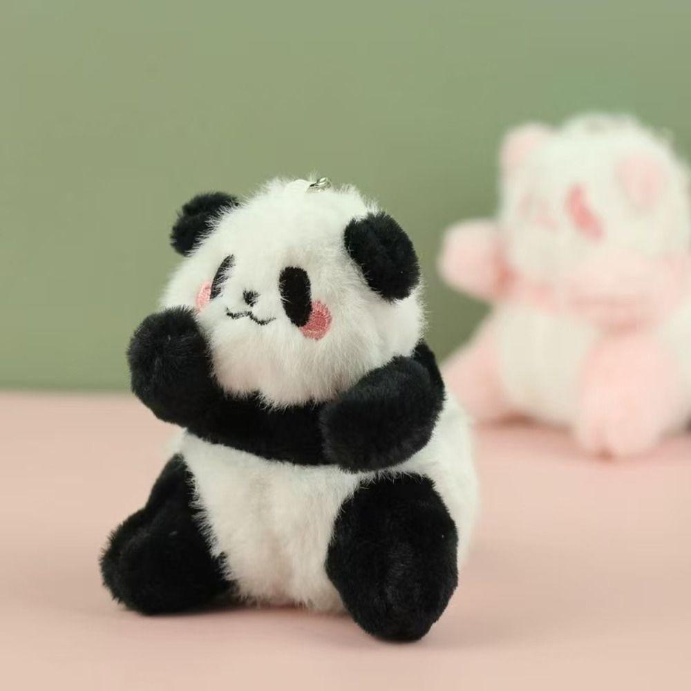 Soft Panda Furry KeyChain Sitting Happy Panda Keyrings Bag Pendant Small Panda Plush Doll  Backpack