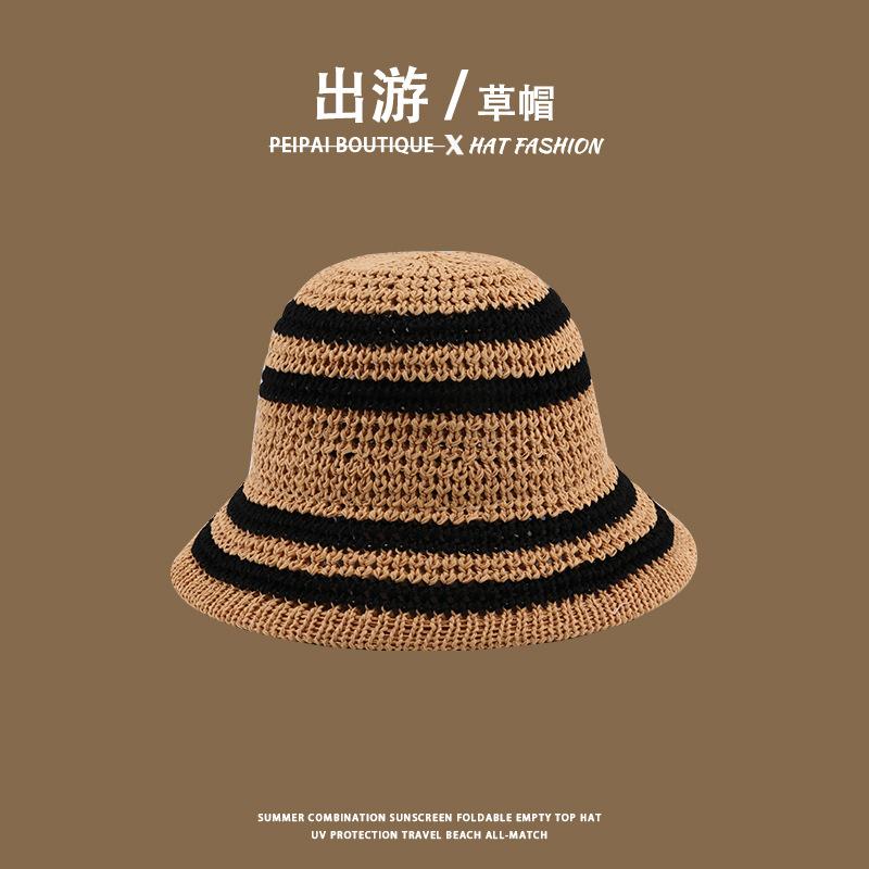 Women's Straw Hat Woven Sunshade Beach Hat Summer Hollow Breathable Bucket Hat Beach Sunshade Hat