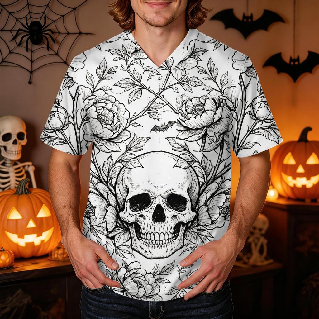 Men's Halloween Printed V-Neck Scrub Top Short Sleeve with Pockets for Work Uniform