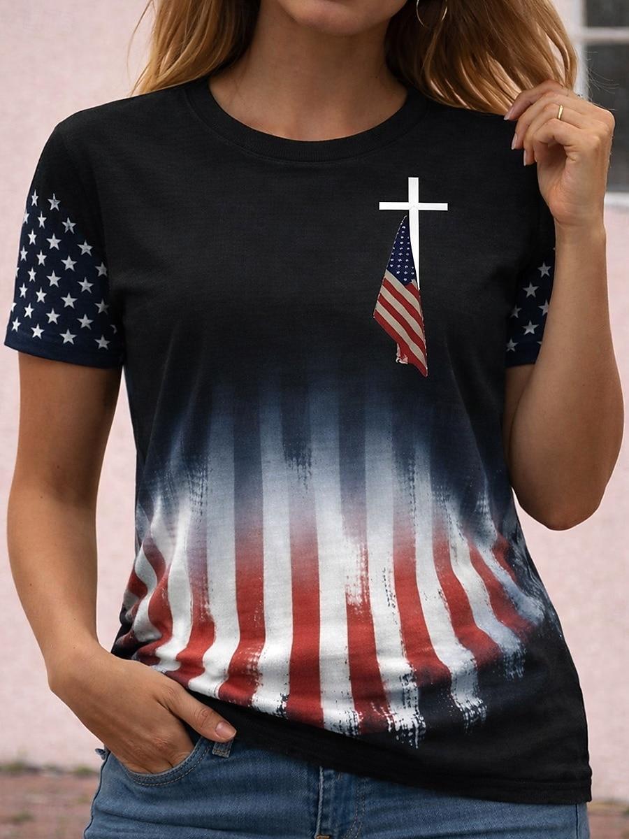 American Independence Day Women s T Shirt Print Graphic Letter American Flag Stylish Classic Casual S