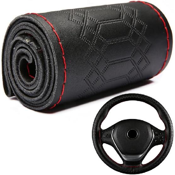 DEEYOTA Car Steering Wheel Cover Universal Fit Round Stitch Steering Wheel Wrap Thin PU Leather Steering Wheel Cover Sewn On 15  Car Wheel (Black)