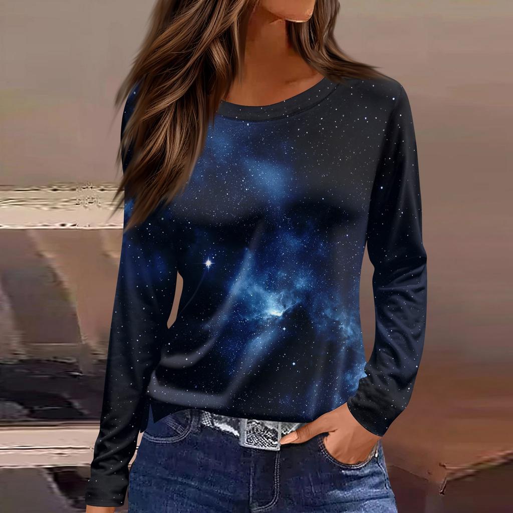 Damenmode Lässig Schlitz Saum Rundhals Langarm Lose Bedrucktes T-Shirt Damen Top