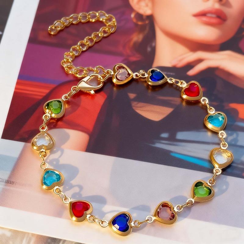 European and American Ins Style Colorful Heart-Shaped Zircon Bracelet, Elegant Alloy Heart-Shaped Dopamine Bracele