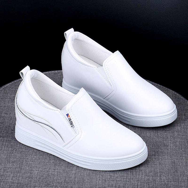 Inner heightening women's shoes leather surface white shoes women's spring and summer new Korean version of slope heel platform casual shoes one peda