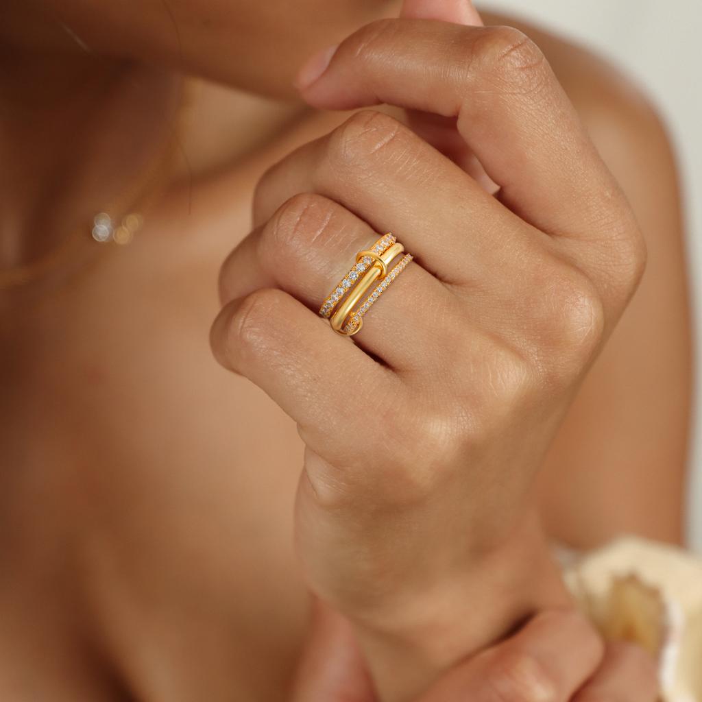 Gold Plated Mix Color Dual Tone Multilayer Women's Ring Luxury Cubic Zirconia Stackable Trendy Fashion Daily Versatile Jewelry
