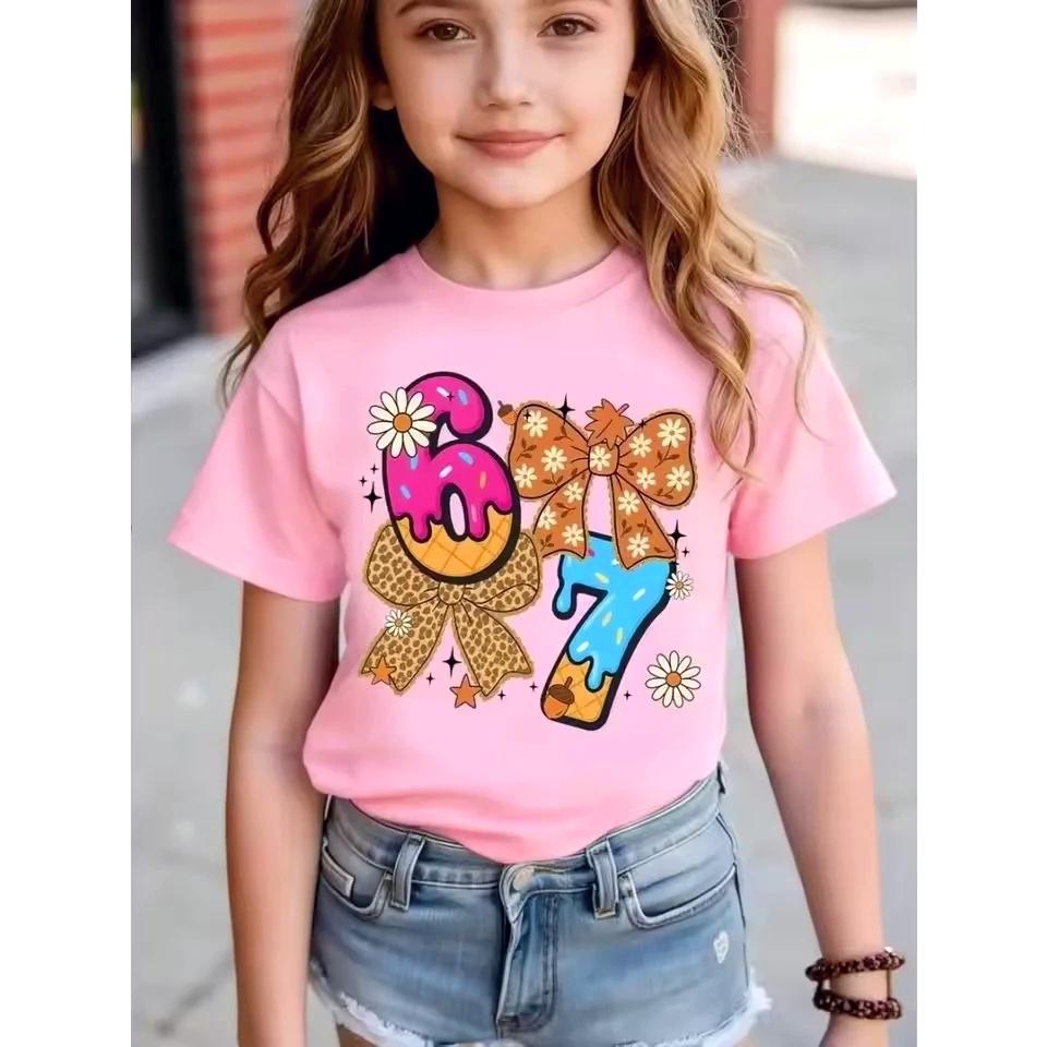 Summer Girls Kids Summer ShortSleeve TShirt  67 Stylish Comfortable Round Neck TShirt Cute Childrens Birthday Gift Pink Tops