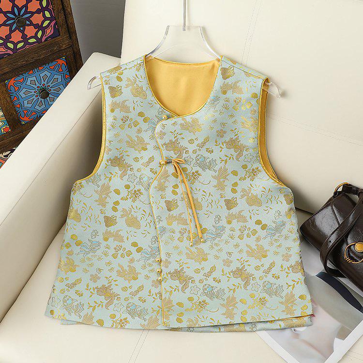 Women s Retro Jacquard Tang Suit Vest - Versatile National Style Outerwear 3XL светло-зеленый