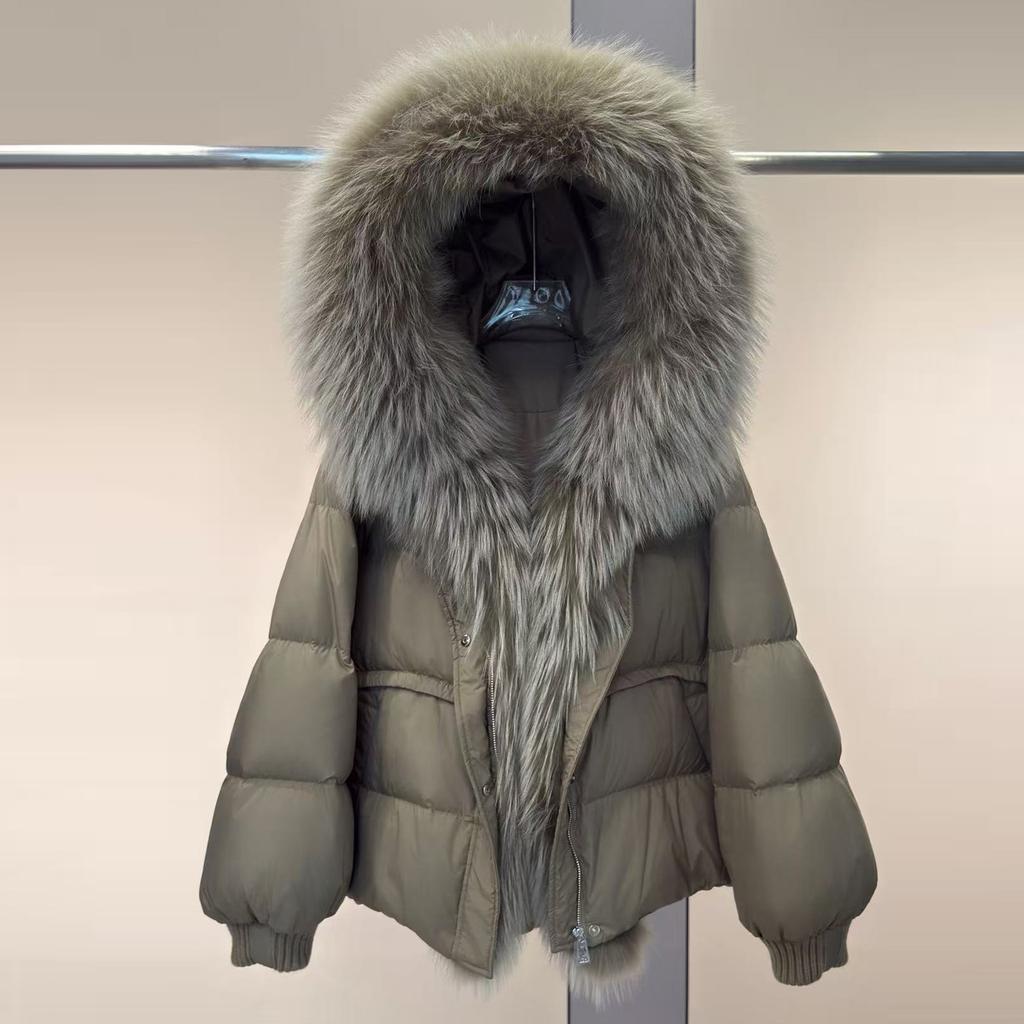 Winter New European Fox Big Fur Collar Hooded Down Jacket Women's Short Loose Thickened White Duck Down Jacket