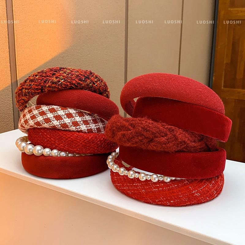 Retro Red Velvet High Crown Headband - Wide Edge Korean Influencer Style