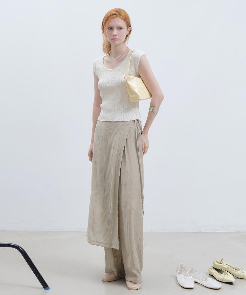 Nigaennikol Wrinkle Layered Wrap Skirt Pants_Khaki