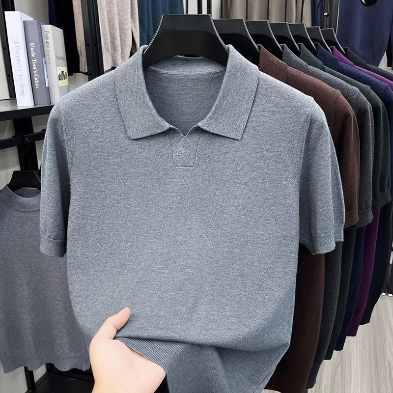 Men S Short Sleeve Turn Down Collar Knit Sweater Thin Casual Top