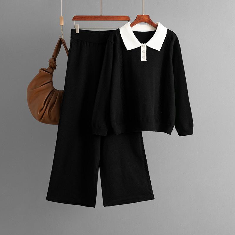 

European and American fashion suits autumn and winter new style Polo collar color matching loose sweater casual pants wide leg pants two-piece suit one size fits all чёрный