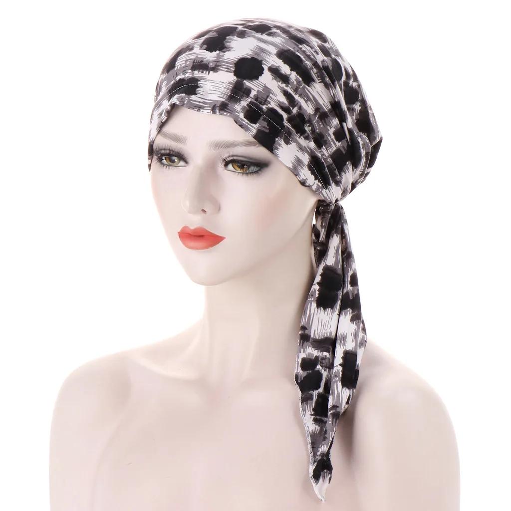 Women Printed Turban Cap Muslim Hijab Inner Caps Beanies Bonnet Long Tail Headscarf Strech Bandana Hat