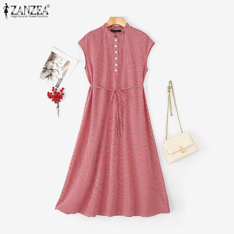 ZANZEA Women Casual Round Neck Summer Sleeveless Plaid Print Dress