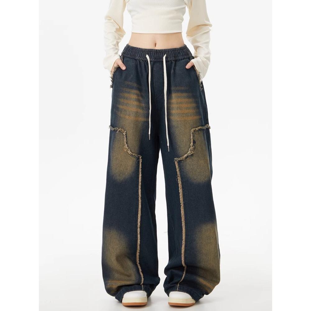 

Women s American Retro Blue Wash Jeans, 2025 Spring/Autumn, Slimming Loose Fit, Straight Wide-Leg, Raw Hem. L