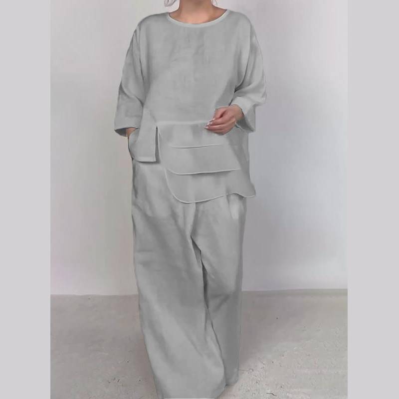 Classic Satin Shirt And Wide Leg Pants Set For Women With Pockets For Fall