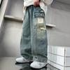 Jeans Cargo a Gamba Dritta Rilassati per Ragazzi Adolescenti Pantaloni in Denim Larghi con Tasche Pantaloni Casual per Bambini
