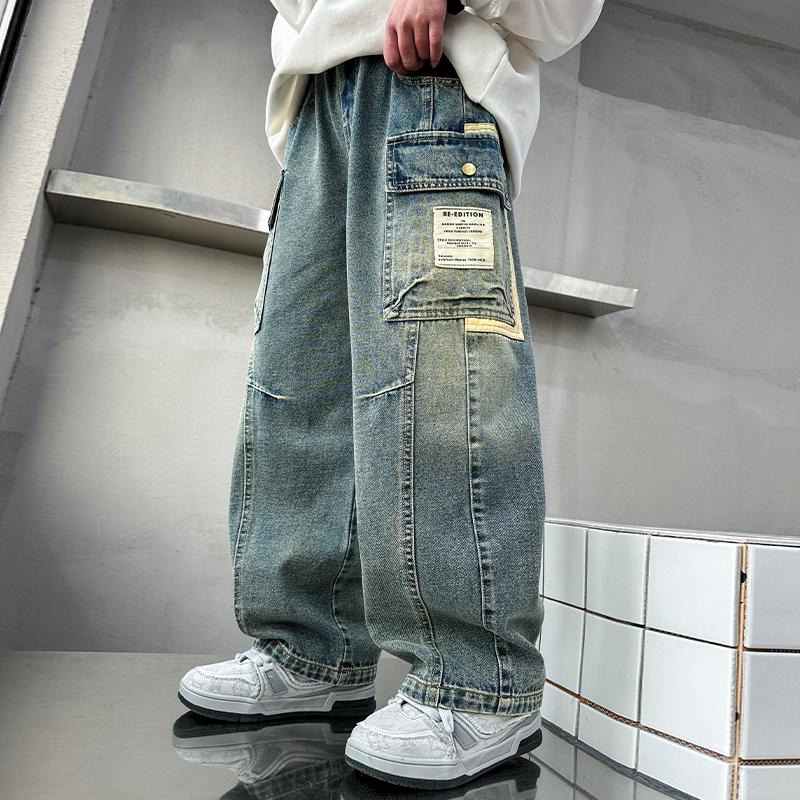 Jeans Cargo a Gamba Dritta Rilassati per Ragazzi Adolescenti Pantaloni in Denim Larghi con Tasche Pantaloni Casual per Bambini