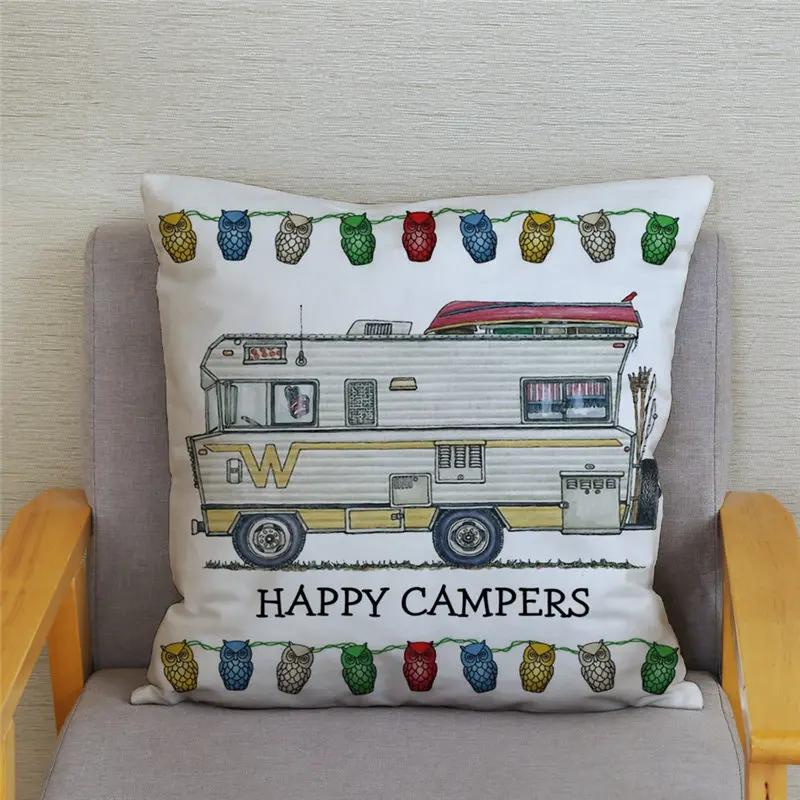45X45Cm Happy Campers Owl Motorhome Print Pillow Case Soft Polyester Sofa Car Seat/Back Cushion Cover For Home Decor Pillowcases
