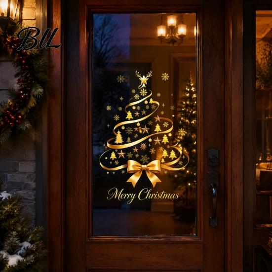 Indoor Outdoor Christmas Ornaments Gold Ribbon Tree Static Window Cling, Glass Sticker with Bow, Reindeer Holiday Storefront Displays Antler