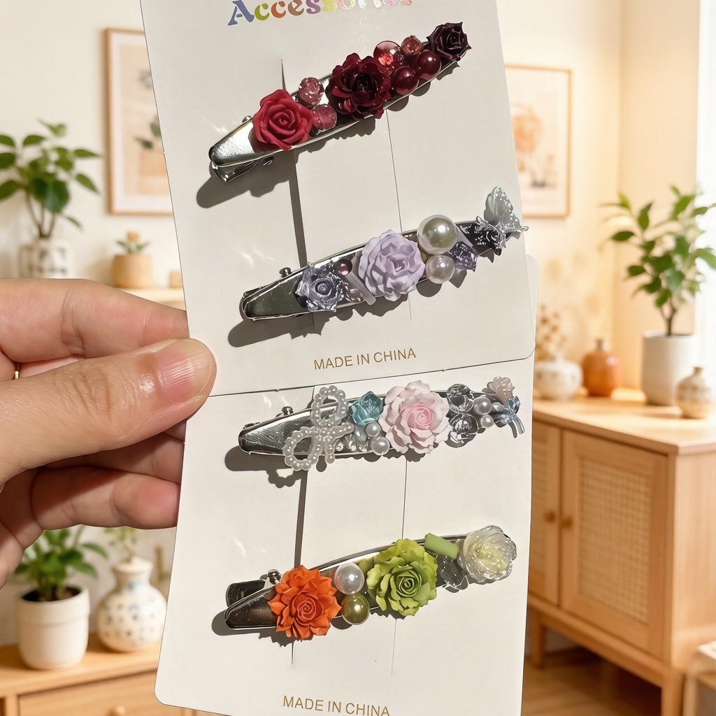 Korean Style Pearl Rose 3D Flower Duckbill Hair Clip