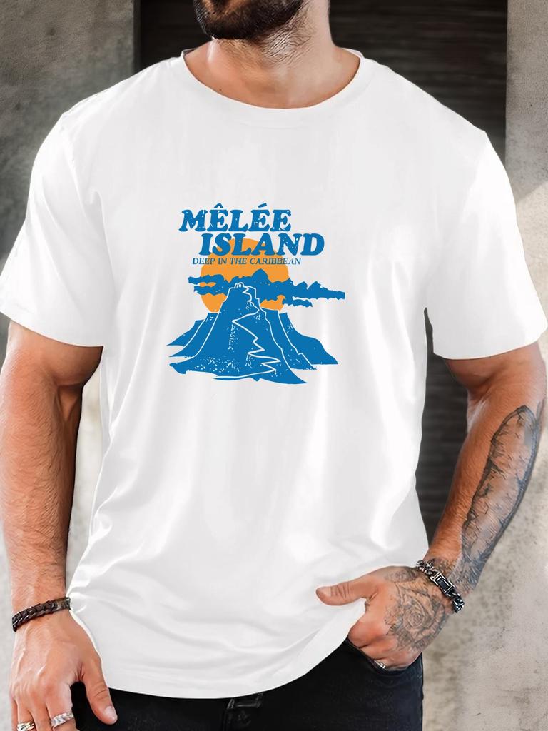 T-shirt Men's 100% Cotton Island Printed Summer Round Neck Oversized Tee Casual Breathable High Quality Short Sleeve Top for Men