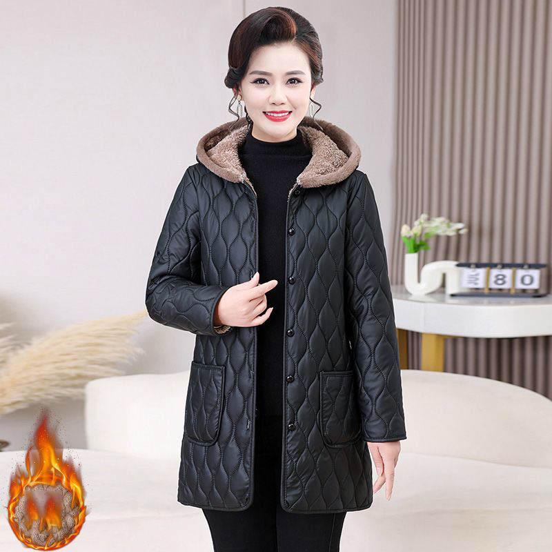 Women Middle-aged Cotton-padded Jacket with Hood and Thickened Velvet for Mid-length