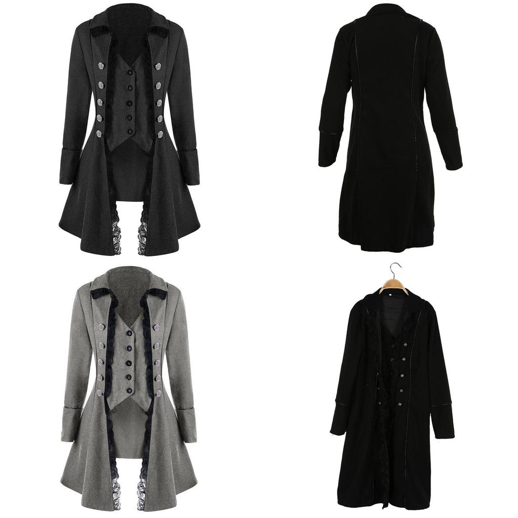 Middle Ages Style Long Jacket With Delicate Lace And V-collar