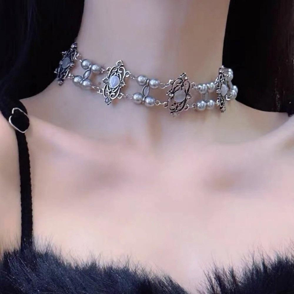 Vintage Double Layer Pearl Choker Necklace Palace Style Y2K Hip Hop Necklace Silver Neckchain Collar Jewelry серебряный