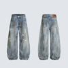 Retro Washed Distressed Wide Leg Straight Cut Denim Jeans Men Women Loose Fit Casual Streetwear