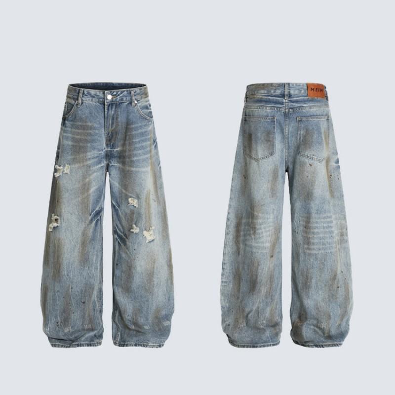 Retro Washed Distressed Wide Leg Straight Cut Denim Jeans Men Women Loose Fit Casual Streetwear