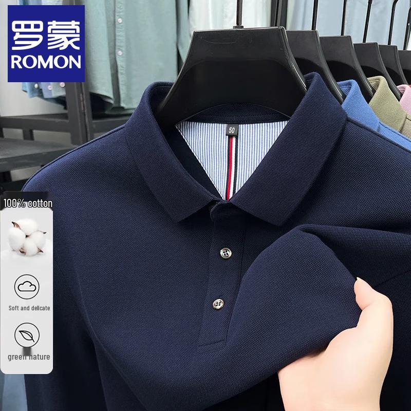 Romon Men's Pure Cotton Business Casual Long-Sleeve Polo Shirt