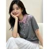 Women S Summer Floral Embroidered Polo Neck Knit Top Loose Fit Short Sleeve Blouse
