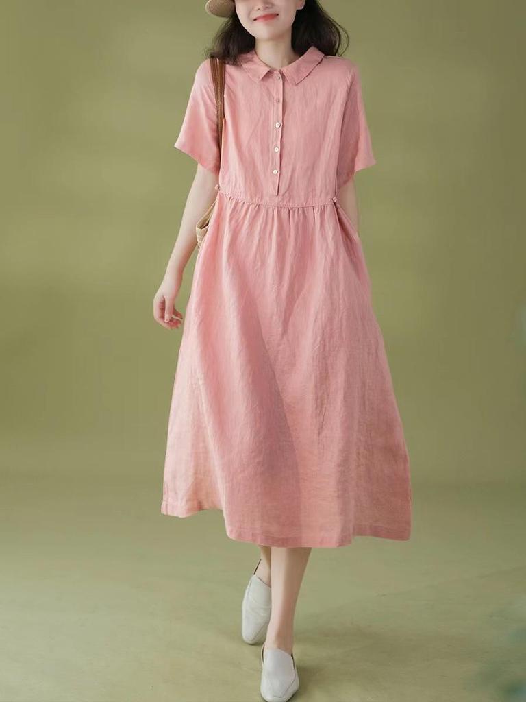 Korean Style Cotton Linen Retro Long Dress for Women, Spring/Summer 2026 Collection, Short Sleeve with Shirt Collar