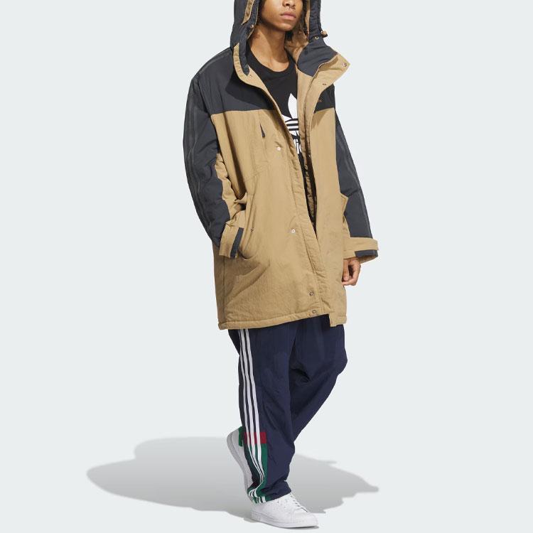 Adidas Originals FW23 Winter Collection Color Block Snap Button Mid-Length Hooded Cotton Jacket Men Outerwear Cardboard-Yellow IU4790