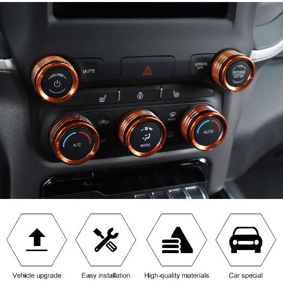 RT-TCZ Center Control AC Radio Switch Knob Cover Volume Tune Switch Knob Button Cover Trim Ring Aluminium Alloy Interior Accessories for Dodge RAM