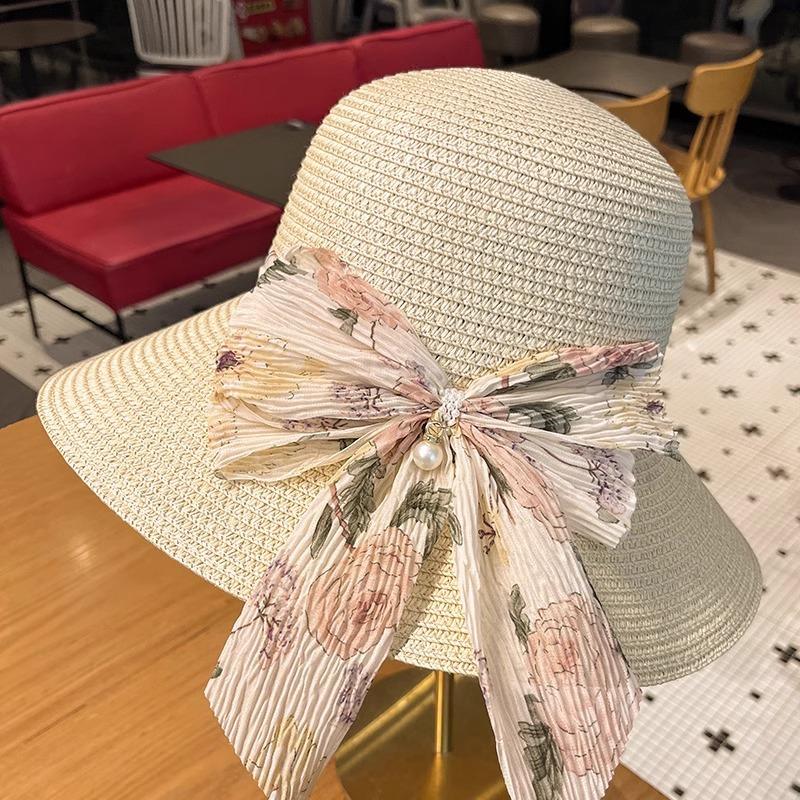 Straw Hat Lady Summer New Bow Streamer Fisherman Hat Fashion Versatile Wide Brim Sun Hat