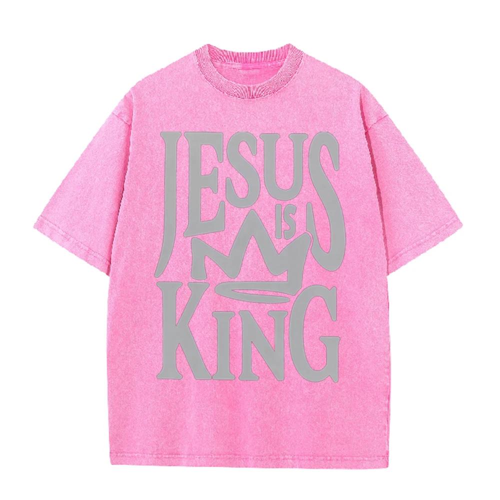 2026 Jesus Is King Crown Letter Graphic Black Acid Washed T Shirt Christian Faith Casual Oversized Unisex Short Sleeve Streetwea