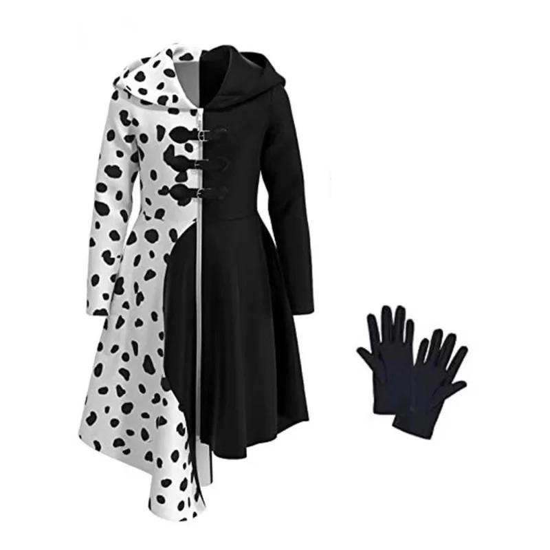 Cruella Dresses Cosplay Women Cruella Cosplay Costume Gothic Witch De Vil Curly Hair Wigs Headwear Demon Clothing Party Unifo Wi S